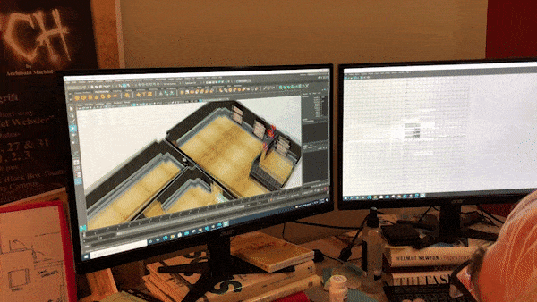 Animated GIF of Doug Vandegrift re-creating Tex's Office in Maya 3D software.