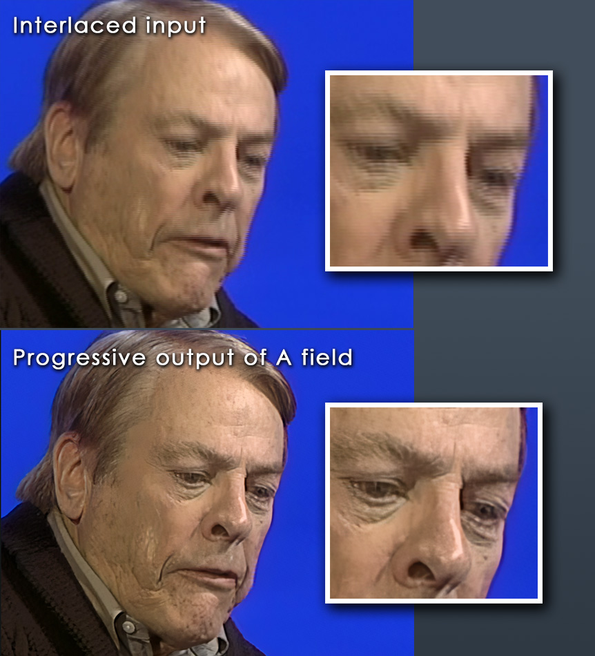 Example of a reconstructed image from a single field, using a close up of Fitzpatrick on a blue screen background as an example.
