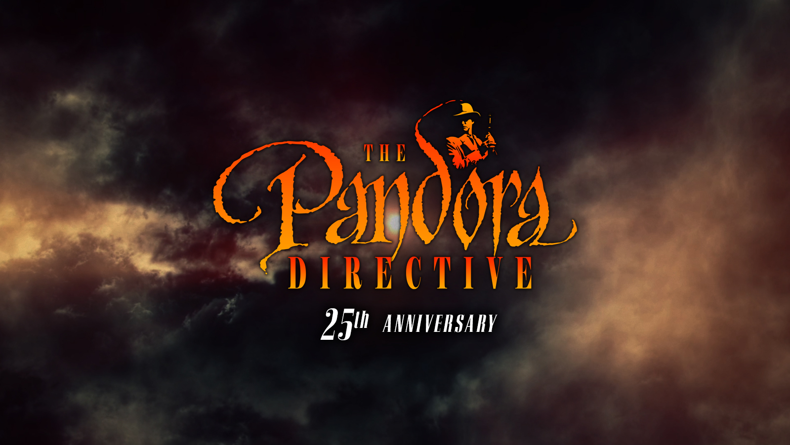 The Pandora Directive 25th Anniversary logo image. Logo appears in front of moody clouds similar to those used in the original Pandora Directive intro video.
