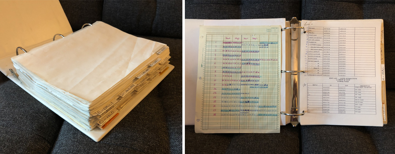 Image of a large folder containing all of The Pandora Directive's paper edits and video logs.