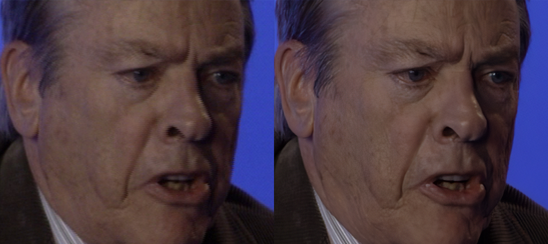 Comparison image of Tex Murphy, showing before (left) and after AI upscaling (right). Left image is interlaced and blurry, whereas the right image is crisp and smooth. Subject: Close up of the character Gordon Fitzpatrick.