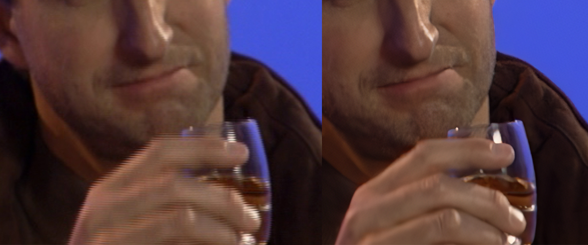 Comparison image of Tex Murphy, showing before (left) and after AI upscaling (right). Left image is interlaced and blurry, whereas the right image is crisp and smooth. Subject: close up of Tex Murphy drinking a glass of bourbon.