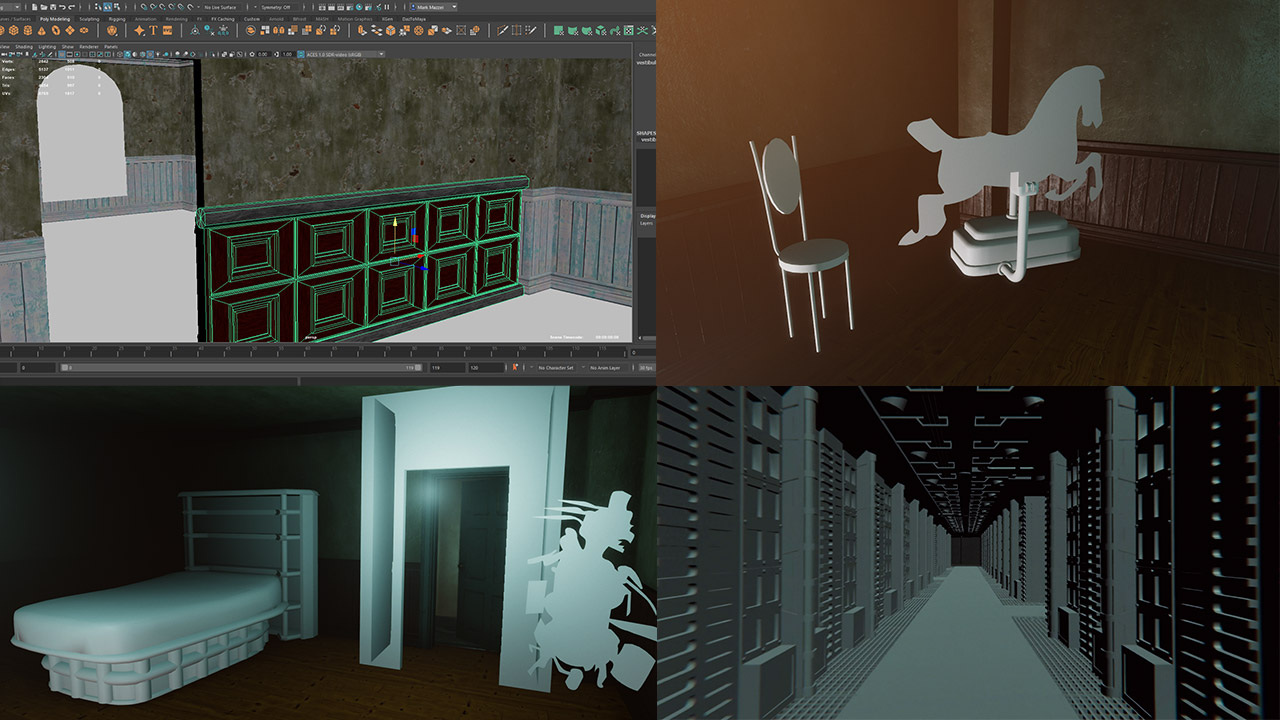 Image of the various Pandora Directive models and assets imported from the source (untextured) and placed in the new game engine.