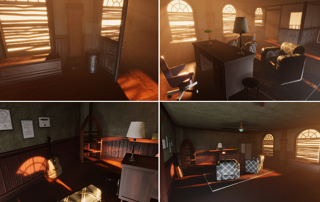 Four images showcasing various angles of Tex's Office in the HDRP Pipeline. A warm afternoon sun streams in through the windows, casting moody light into the office.