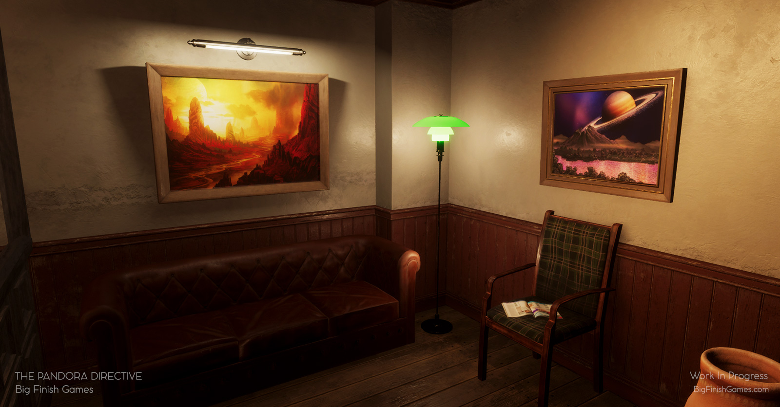 The waiting area of Tex Murphy's office. An unoccupied leather couch and chair sits in the corner. An open magazine is on the chair and two alien landscape paintings accent the space.
