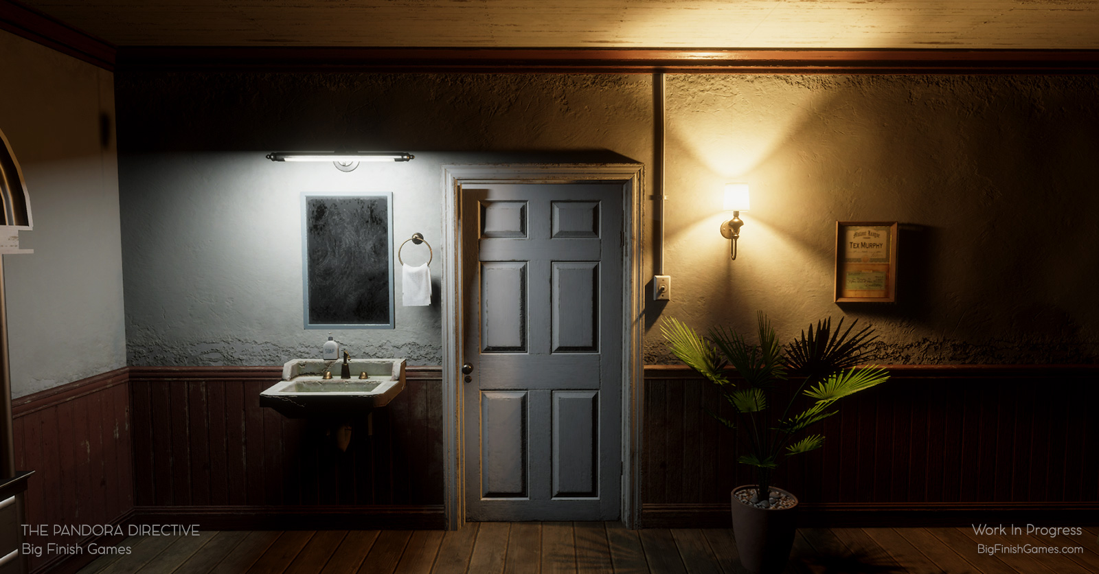 Tex's bedroom, looking towards the door to the office. Wash basin and mirror to the left of the door, a wall sconce and Tex's check and certificate from the Mutant League on the right, above a potted plant. 