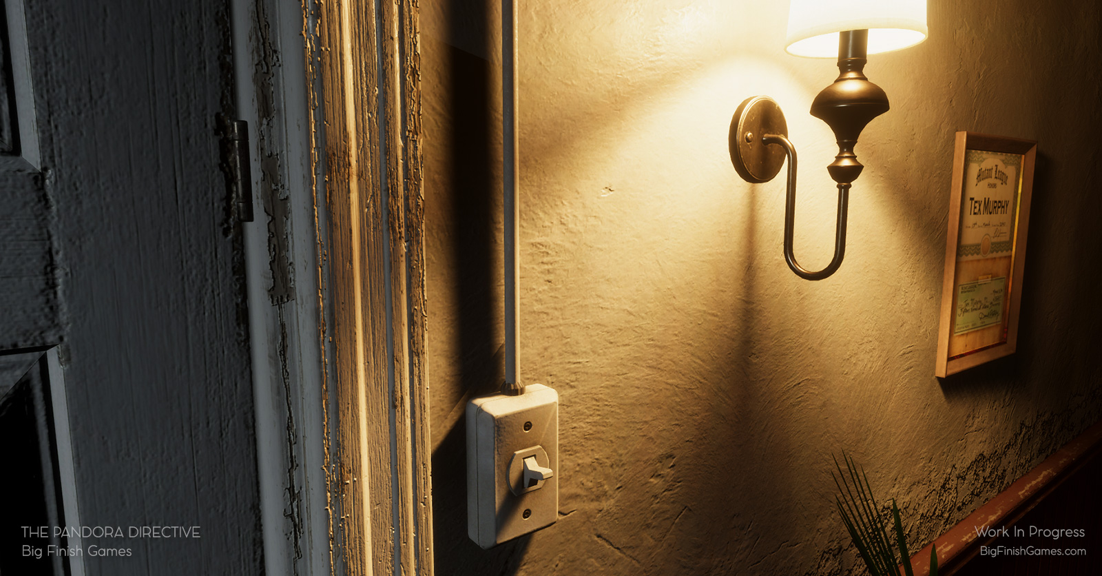 Close up of the door frame in Tex's bedroom, which leads to the office. Focus on the light switch. The pain on the doorframe is peeling, showcasing the fine details of the render.