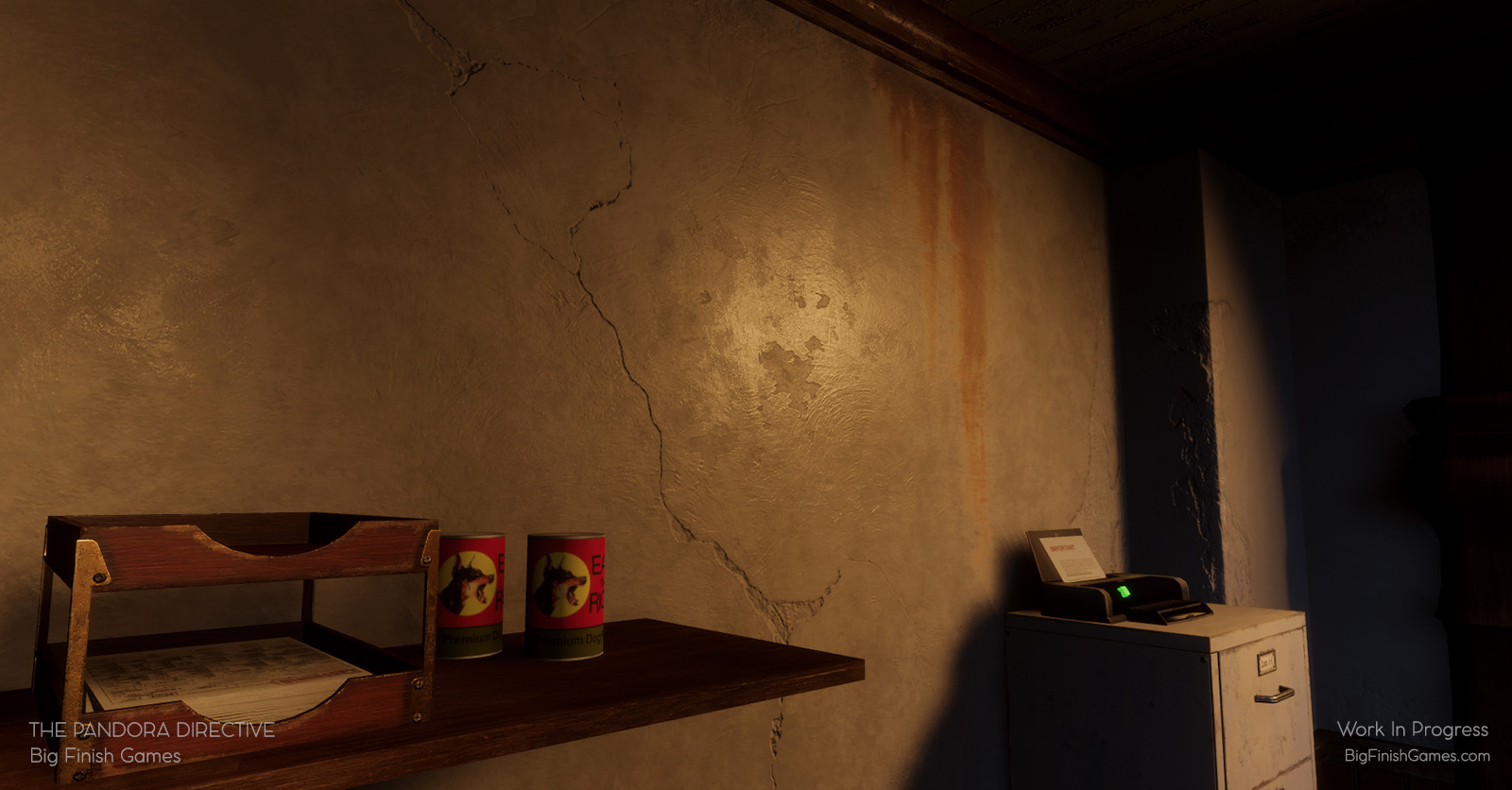 Behind Tex's desk, the walls are cracked, the plaster is peeling, and water damage stains appears to have cascaded down from the ceiling. In the foreground, various papers on a shelf, and two cans of 'Eat the Rich' dog food.