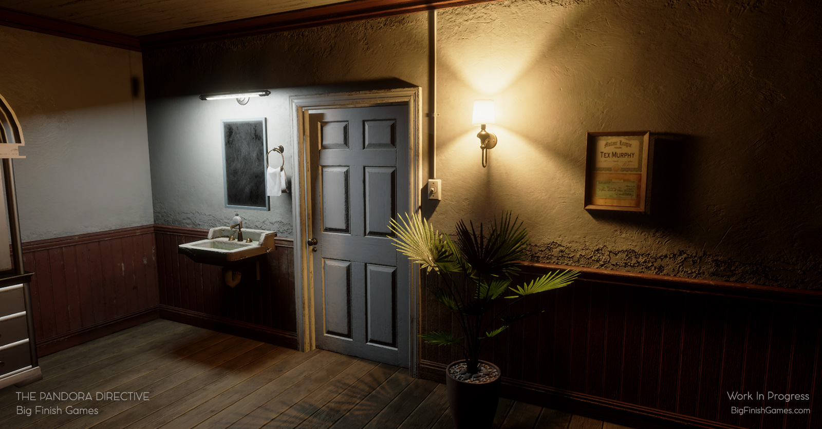 Alternative Angle. Tex's bedroom, looking towards the door to the office. Wash basin and mirror to the left of the door, a wall sconce and Tex's check and certificate from the Mutant League on the right, above a potted plant. 