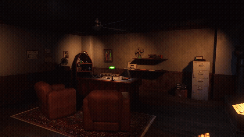 Animated GIF of real-time lighting being cast over Tex Murphy's office.