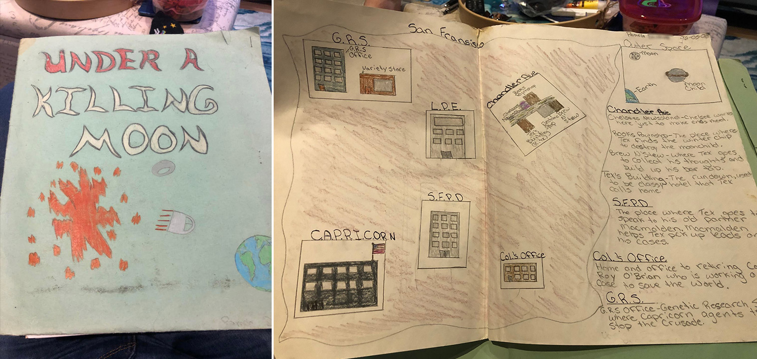 Images of Pam's school assignment on Under a Killing Moon. On the left: The front cover, which is a hand-drawn mockup of the Under a Killing Moon art, focusing on the explosion of the Moon Child space station. On the right: Pam's description of each of the locations in the Under a Killing Moon Game, with a hand-drawn map and icons.