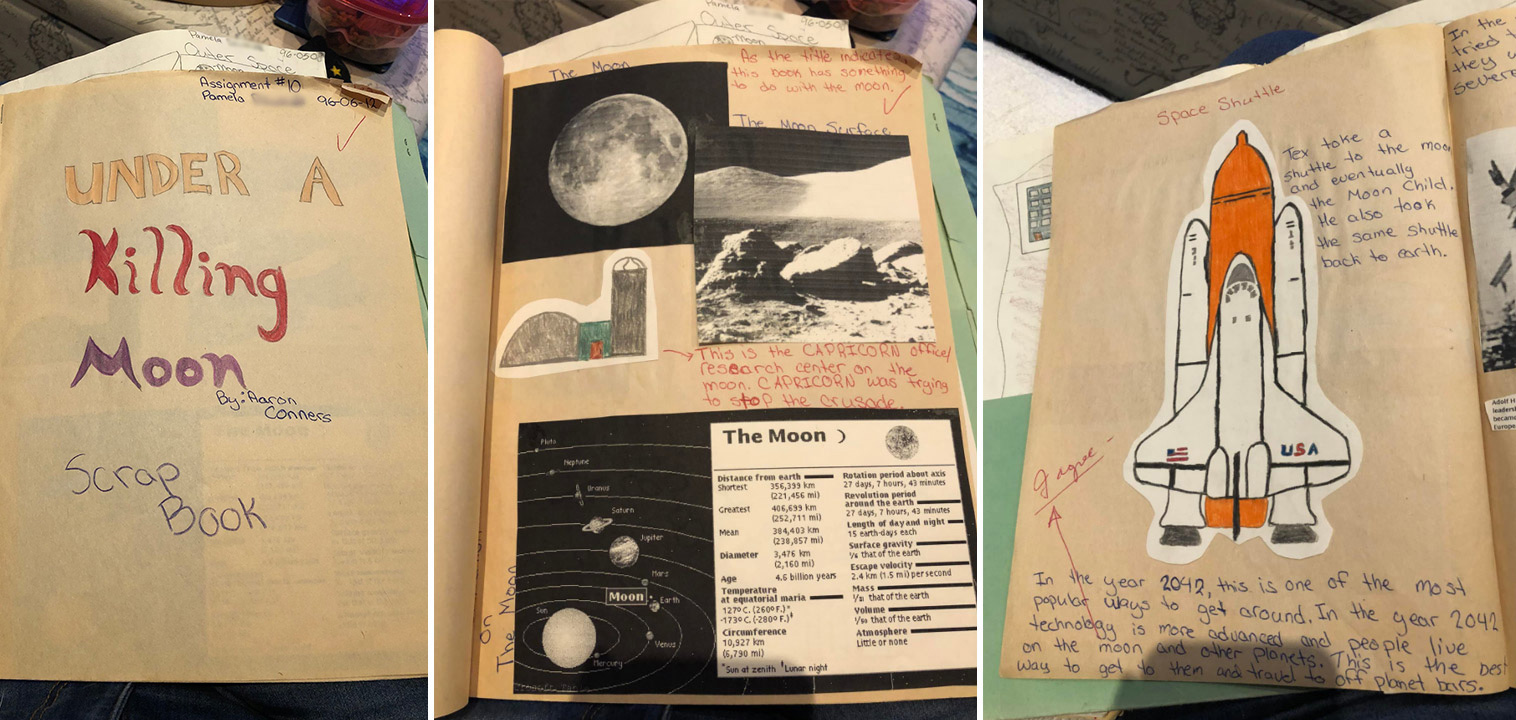 Three images of Pam's school assignment on Under a Killing Moon. Left: Cover art for scrapbook, Middle: Research on the moon and solar system, Right: showcase on the space shuttle as a popular means of transportation in 2042.