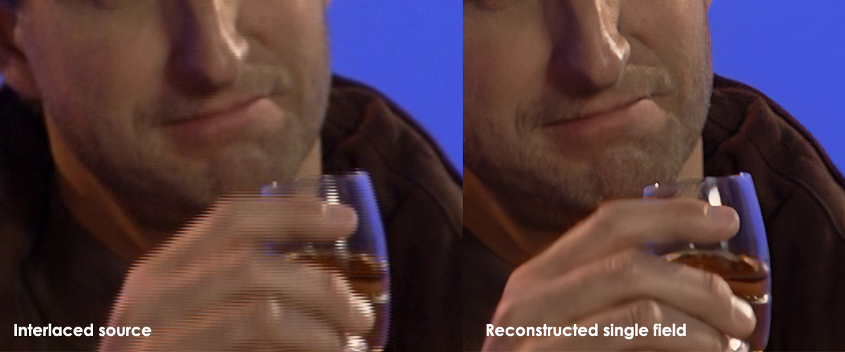 An image showing the deinterlacing process on and image of Tex Murphy, where the results are better when motion happens in front of a subject. 