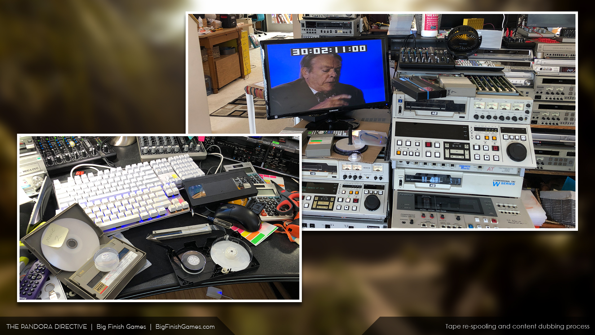 Image showing the various tape decks used for capturing the Pandora Directive tapes, and the re-spooling process of the MII tapes.