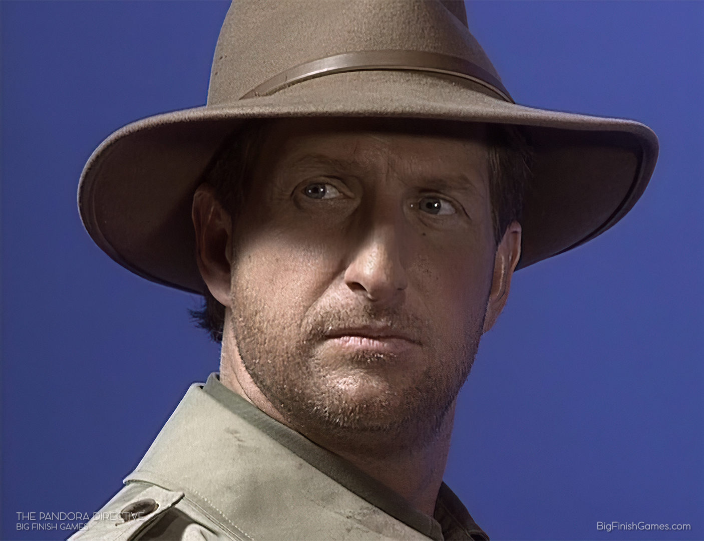 Upscaled image of Tex Murphy in front of a blue screen.