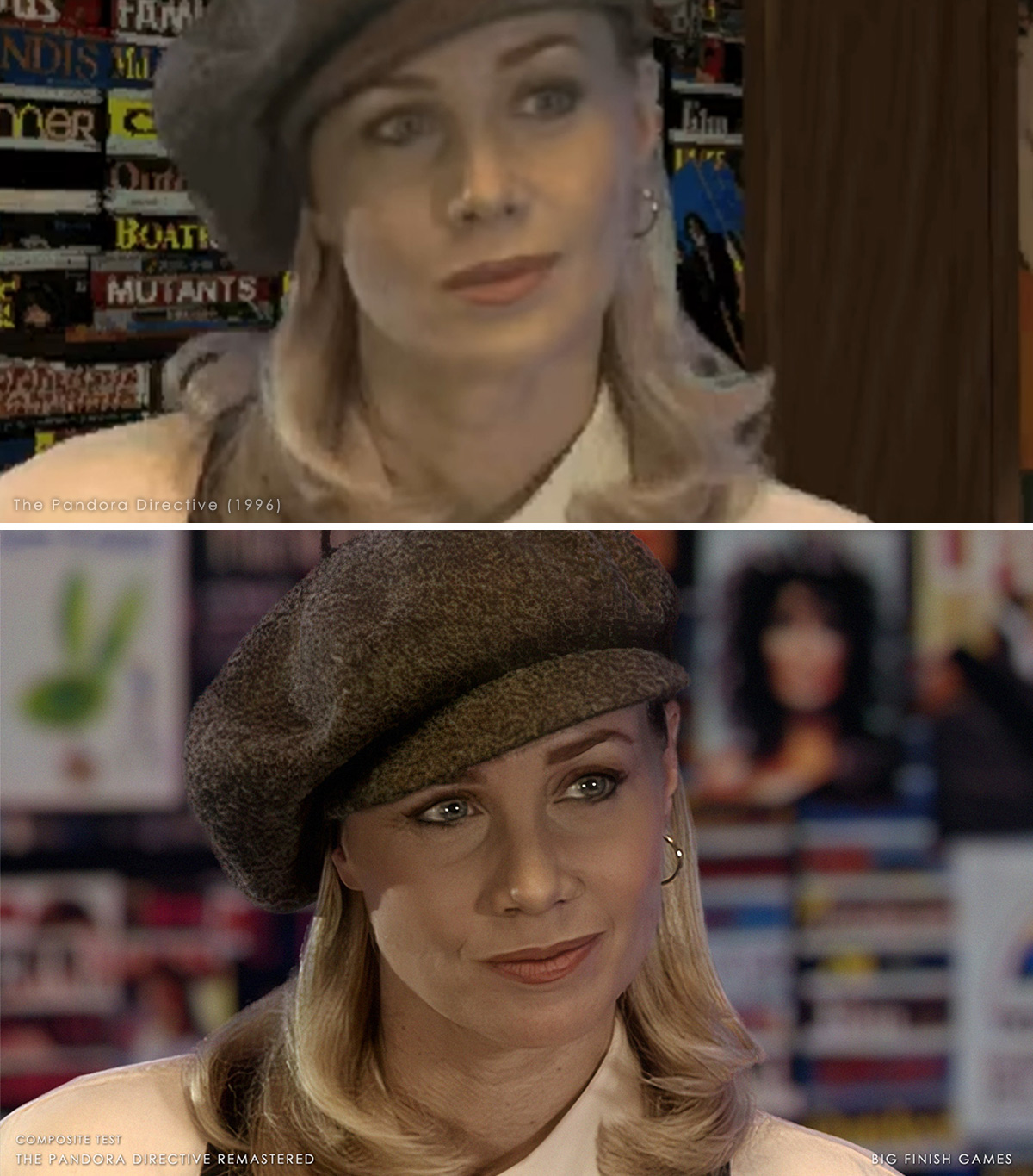A top and bottom comparison of Chelsee Bando in the newsstand, between the original 1996 video and the modern remaster.