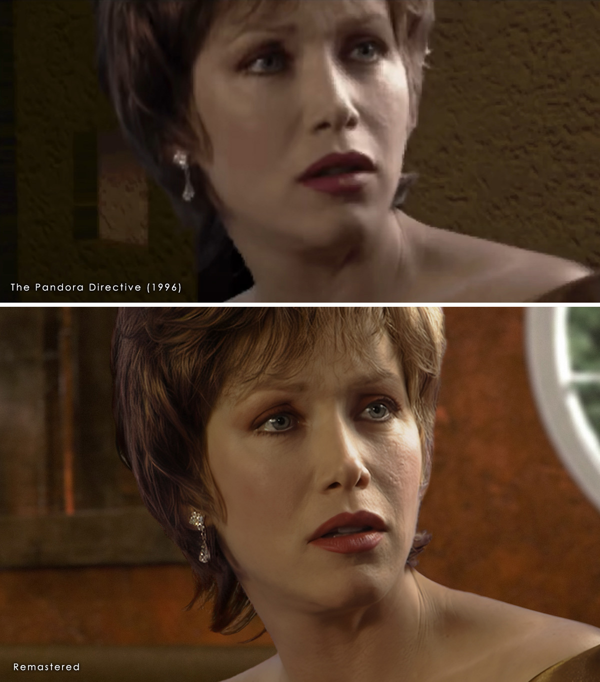 A top and bottom comparison of Regan Madsen inside the Savoy, between the original 1996 video and the modern remaster.