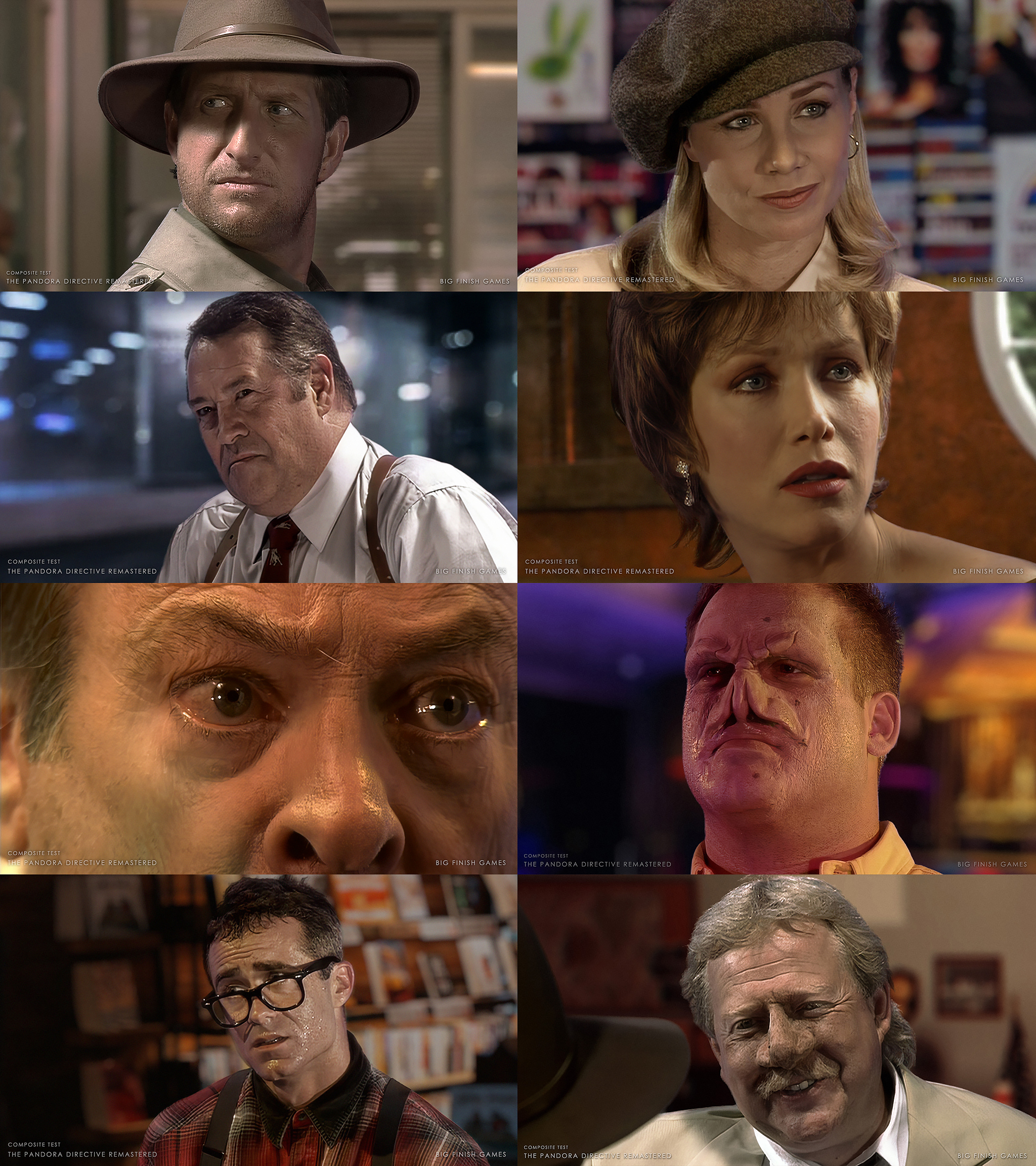 A series of 8 images showcasing the quality of The Pandora Directive remaster. Each image features temporary composite test backgrounds. From Top left and down: Tex Murphy looking over his shoulder in Mac Malden's office. Chelsee Bando looking at Tex in the news stand. Jackson Cross looking marauding in his office. Regan looking at Tex in the savoy, concerned. A close up of Gordon Fitzpatrick's eyes. Gus Leach staring down at Tex in the Fuchsia Flamingo. Archie sweating and worried inside his bookstore, The Cosmic Connection. Mac Malden in his office, smiling at Tex.